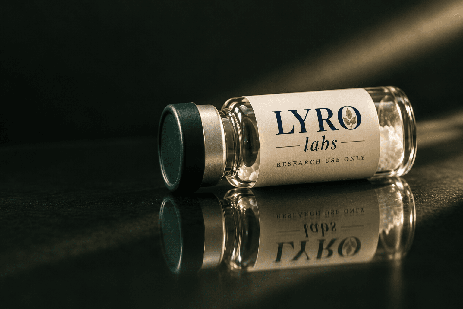 A LYROlabs vial in dark green light with a glass reflection